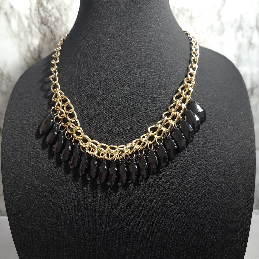 Women's Collard Necklace Silver & Gold Tone, Black Acrylic Stones Size 11 Inches